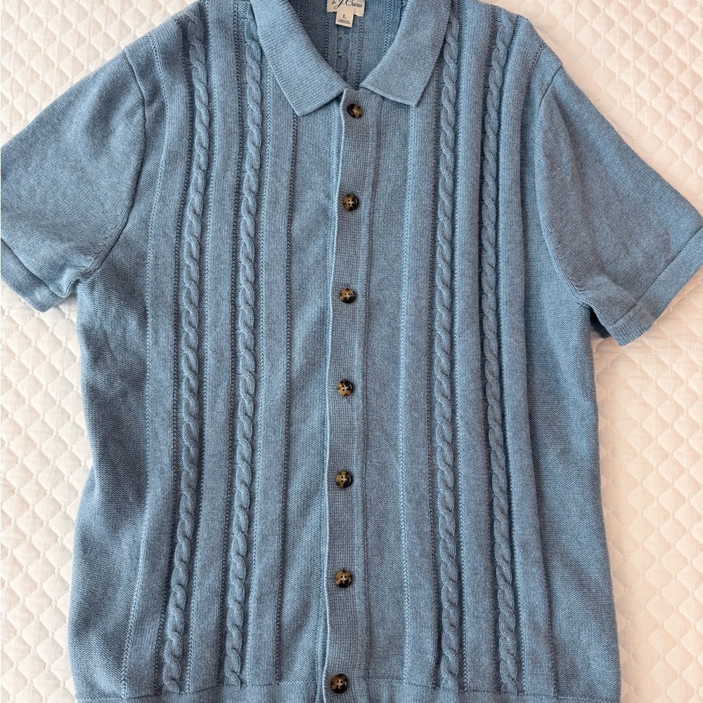 J. Crew Dusty Blue Cable-Knit Button Polo